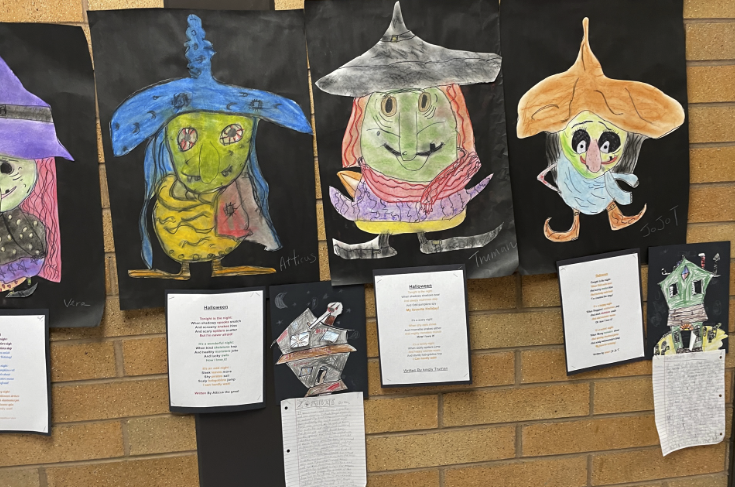 third-grade arts-integrated witch portraits oil pastel