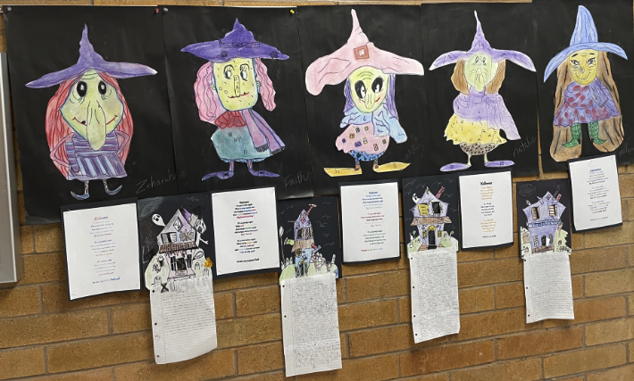 third-grade arts-integrated witch portraits oil pastel
