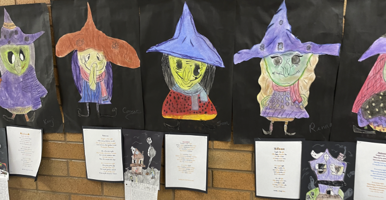 third-grade arts-integrated witch portraits oil pastel