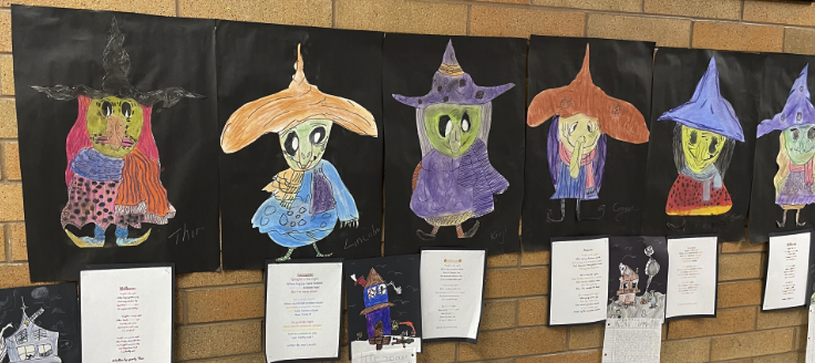 third-grade arts-integrated witch portraits oil pastel